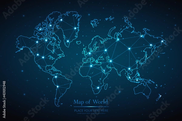 Fototapeta Abstract map of World geometric mesh polygonal network line, structure and point scales on dark background. Vector illustration eps 10
