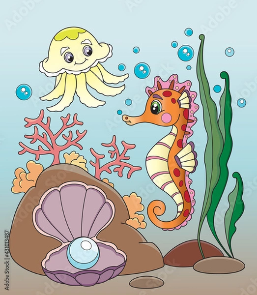 Obraz Vector illustration of Cartoon the seahorse and jellyfish.