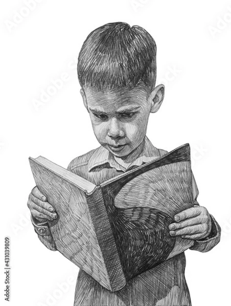 Obraz A boy is reading a book. Pencil drawing. Isolated on a white background.
