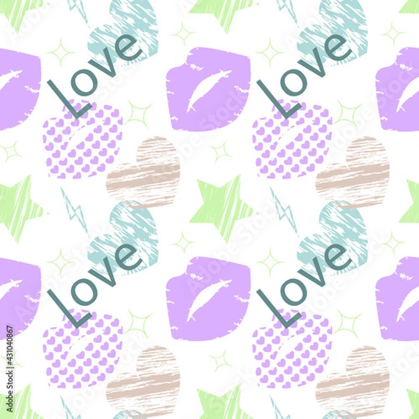 Fototapeta Seamless pattern. Pattern with a gray inscription "Love", hearts, lips, stars, thunderstorm lightning.