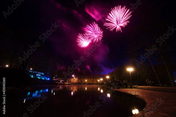 Fototapeta a crowd of people came to the festival, a festival of fireworks, explosions of pyrotechnic charges, volleys of salutes against the backdrop of happy people rejoicing in the beautiful spectacle, multic