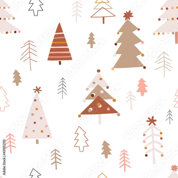 Fototapeta Cute decorated Christmas tree forest vector seamless pattern. Whimsy boho Xmas party abstract modern pine tree hygge festive background. Seasonal winter holidays geometric graphic design