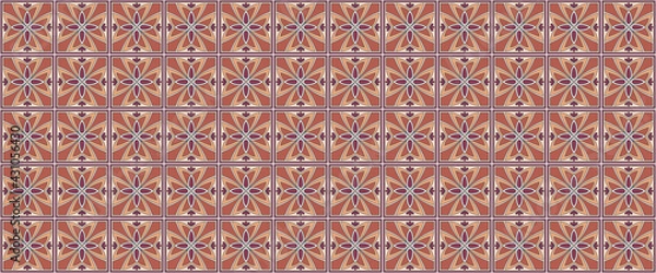 Fototapeta Geometric background square tiles with an abstract ethnic pattern in beige terracotta colors