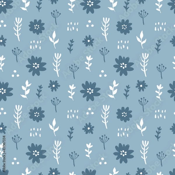 Fototapeta Seamless abstract colorful floral pattern with wild flowers. Floral background. Simple Scandinavian style. Vector illustration