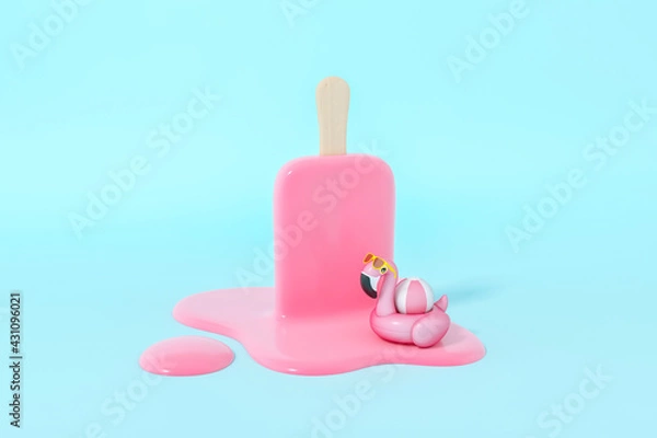 Fototapeta Pink stick ice cream melting with Pink Flamingo float, tropical bird shape inflatable swimming pool ring on blue background 3d rendering. 3d illustration Summer minimal concept.
