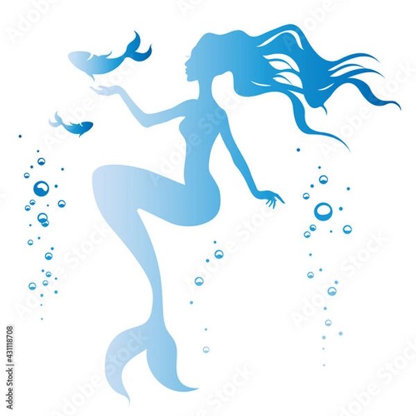 Obraz Silhouette of a mermaid, fish, air bubbles in the water. Vector illustration.