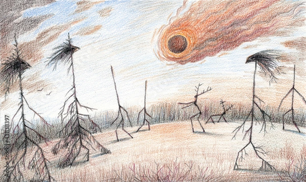 Fototapeta Fantasy colored pencils artwork with Tunguska unexplained event meteorite falling in the taiga woods