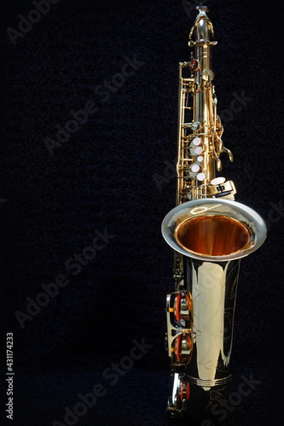 Fototapeta Saxophone jazz instruments. Alto sax isolated. Saxophone music instrument closeup on black                               