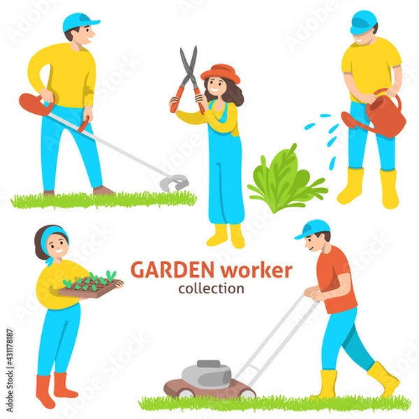 Fototapeta Collection of people of garden workers in different poses with garden tools and equipment. Garden service. Care of plants and the territory. Vector illustration on a white background.