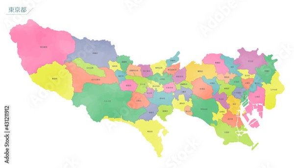 Obraz 水彩風の地図　東京都