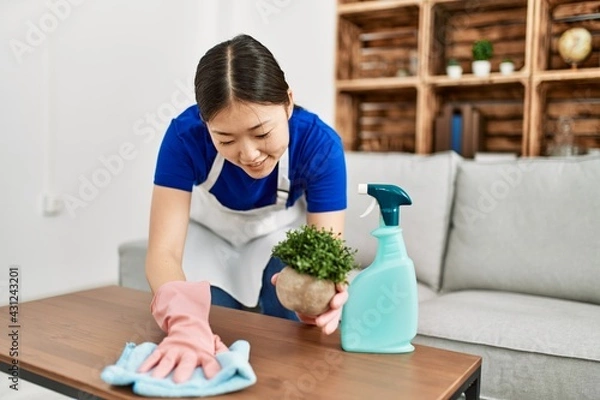 Fototapeta Young chinese housewife cleaning table using diffuser and rag at home.
