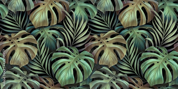 Fototapeta Tropical seamless pattern with beautiful monstera, palm leaves. Hand-drawn dark vintage 3D illustration. Glamorous exotic abstract background design. Good for luxury wallpapers, fabric printing