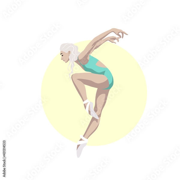 Fototapeta The ballerina is dancing in pointe shoes. Yellow round background