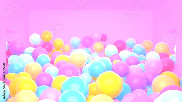 Fototapeta 3d render pink room filled with colorful balls.