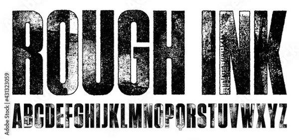 Fototapeta Rough Ink Condensed Font. Highly detailed individually textured characters with a rough inked letterpress print texture. Unique design font