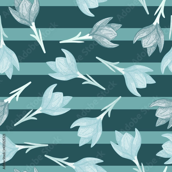 Fototapeta Random seamless nature botanic pattern with blue crocus flower elements. Striped background. Bloom spring print.