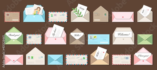 Fototapeta Big set of 21 vector envelopes with postmarks and postage stamps. Messages Thank you, I love you, Hello, Sorry, Welcome, My dear... Trendy style, cozy pastel colours. Isolated on brown background