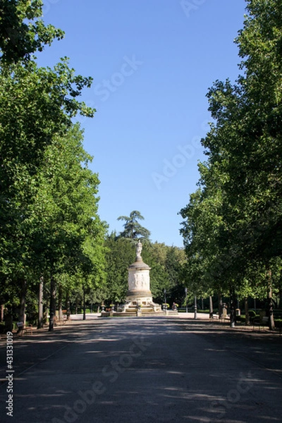 Fototapeta Interior of a Pamplona park with trees around and a statue in the background