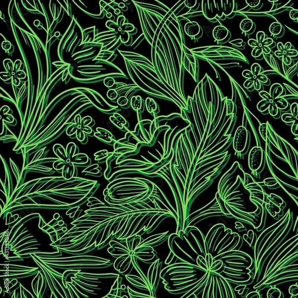 Fototapeta Green leaves and flowers design pattern