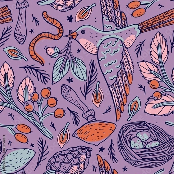 Obraz Birds daily life illustration abstract design pattern