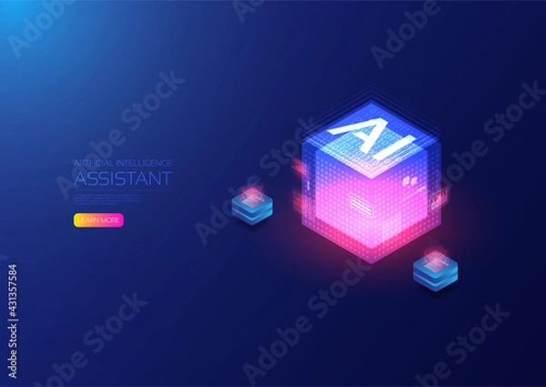 Obraz Isometric artificial intelligence, ai analysis with computer server