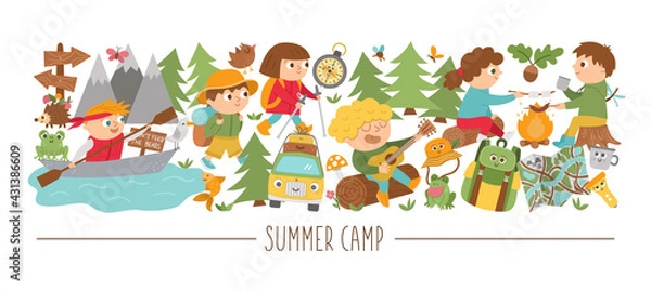 Fototapeta Vector horizontal set with cute comic forest animals and children doing summer camp activities. Card template design with woodland characters and kids on holidays. Funny active trip border..
