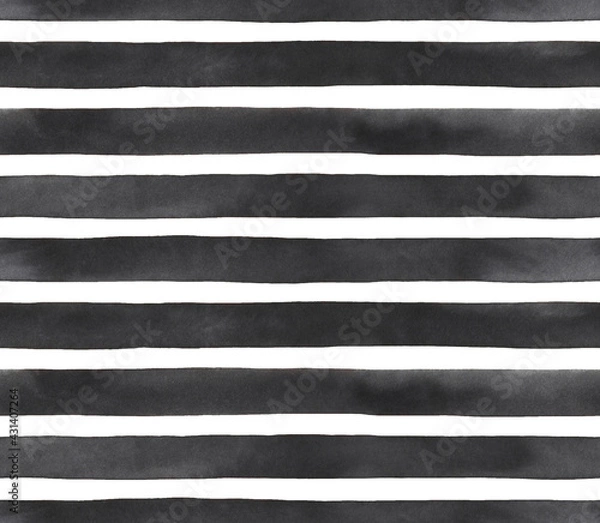 Obraz Seamless repeatable pattern of black and white watercolor stripes. Beautiful background for modern design, stylish wrapping paper, scrapbooking, fabric, poster. Handdrawn water color illustration.