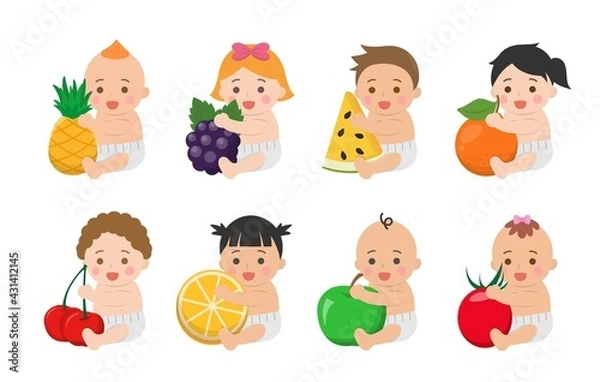 Fototapeta Cute babies with healthy vegetables and fruits, comic cartoon vector characters set