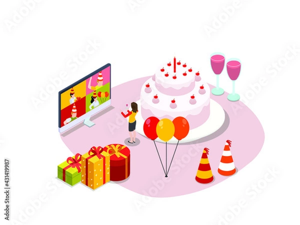 Obraz Party online vector concept. Young woman celebrating her birthday party with her friends while doing video call by using computer