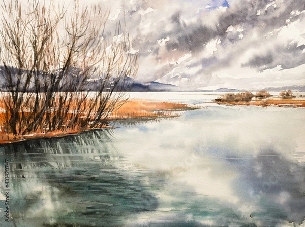 Fototapeta Cloudy spring day by the river. Early spring, the river is in flood. Trees and bushes on the banks of the river.Picture created with watercolors.