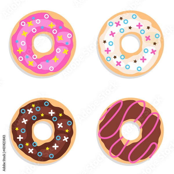 Fototapeta Donuts, set of chocolate donuts isolated on white background. Vector illustration.
