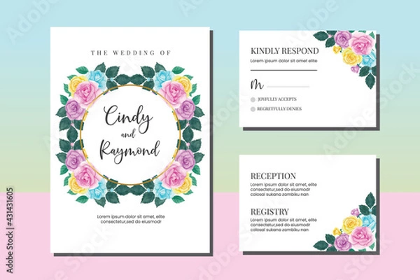 Fototapeta Wedding invitation frame set, floral watercolor hand drawn Colorful Rose Flower design Invitation Card Template