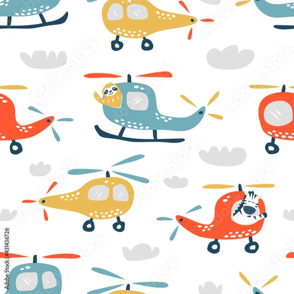 Fototapeta Childish seamless pattern with cute helicopter. Creative texture for fabric, textile