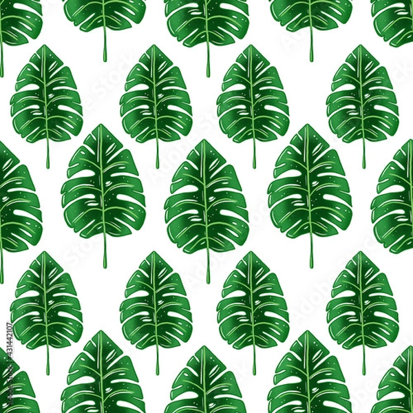 Fototapeta Exotic abstract blue jungle seamless pattern on the white background, trendy art beach print wallpaper