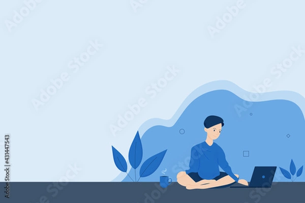 Fototapeta Young man sitting with legs crossed working at the laptop, freelance concept. Web banner
