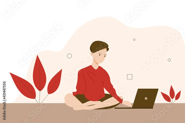 Fototapeta Young man sitting with legs crossed working at the laptop, freelance concept. Web banner
