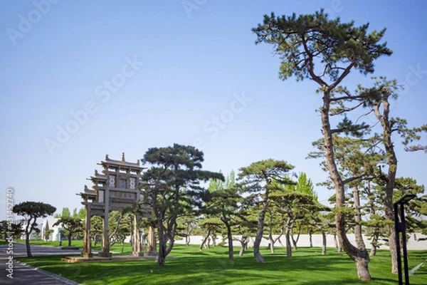 Fototapeta traditional archway building and pine tree in the garden