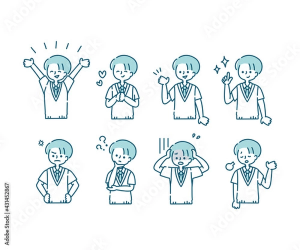 Fototapeta ブレザー（夏服）を着た男子学生の感情表現イラスト（上半身）