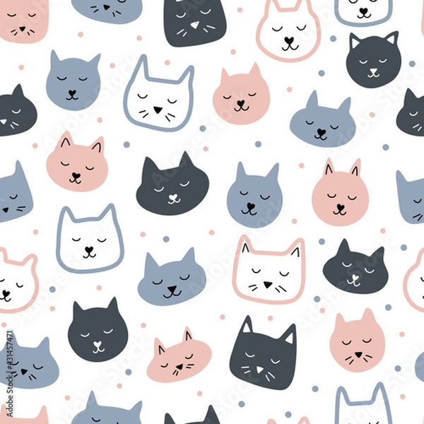 Fototapeta Seamless pattern with cute pink and grey cats. Hand drawn vector illustration. Trendy texture for textile, print, packaging.
