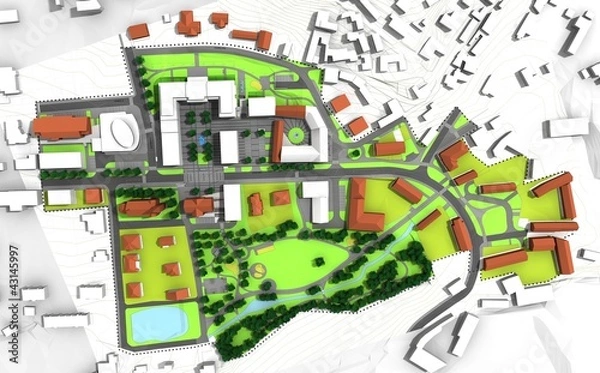 Fototapeta render of a city model in green and white