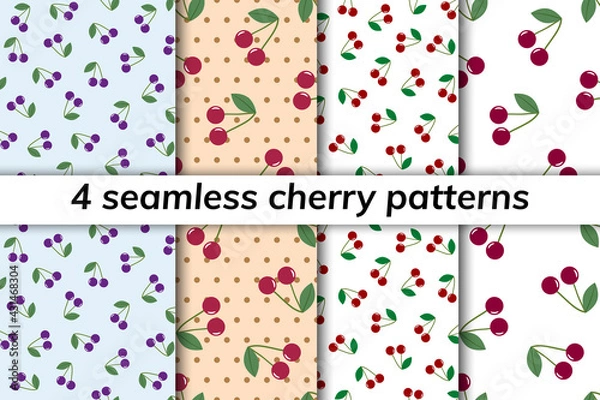 Obraz Cherry seamless pattern set. Berry seamless cherry background. Juicy cute pattern