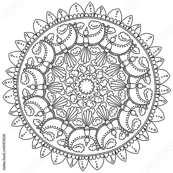 Fototapeta Contour mandala with fabulous flying birds and clouds, magic coloring page with fantasy characters