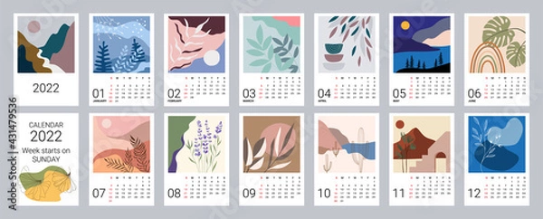 Fototapeta Calendar template for 2022. Vertical design with abstract natural patterns. Editable illustration, set of 12 months with cover. Vector mesh. Week starts on Sunday