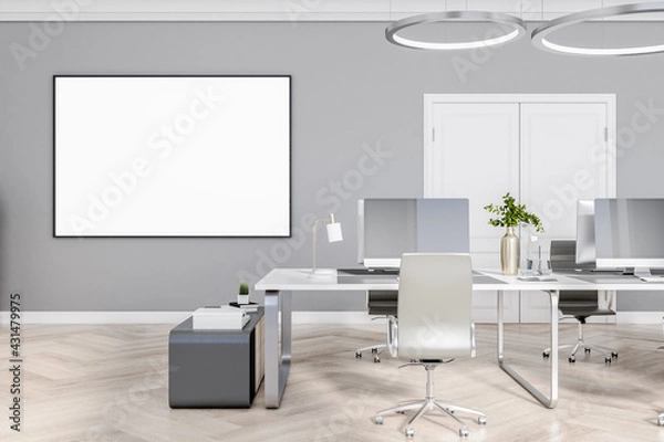 Fototapeta Bright empty office room with a white empty banner on the wall, wooden floor and concrete wall, interior design concept, 3d rendering, mock up