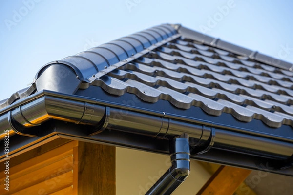 Obraz Corner of the new modern house with roof, gutter and wooden shutter under blue sky