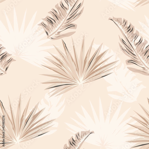Fototapeta Tropical leaves pattern with beige background.