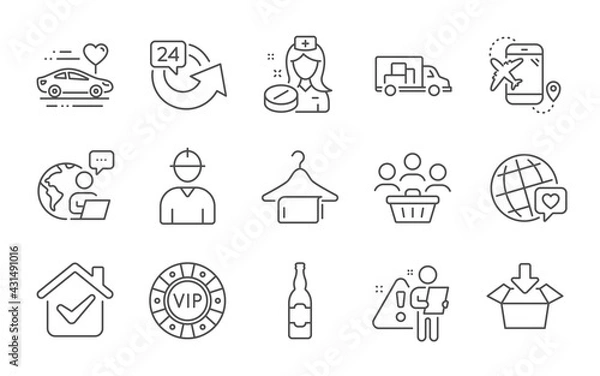 Fototapeta Flight destination, Vip chip and World brand line icons set. Nurse, Clean towel and 24 hours signs. Buyers, Honeymoon travel and Truck transport symbols. Engineer, Get box and Beer bottle. Vector