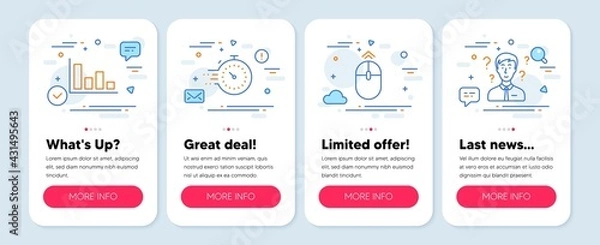 Fototapeta Set of Science icons, such as Timer, Histogram, Swipe up symbols. Mobile app mockup banners. Support consultant line icons. Deadline management, Economic trend, Scrolling page. Question mark. Vector