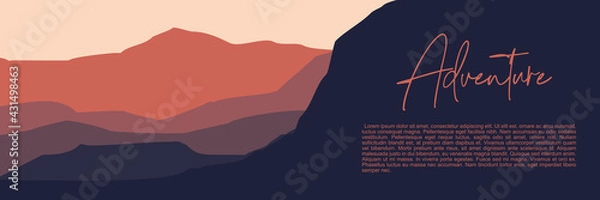 Fototapeta minimalist sunset mountain landscape illustration vector for banner background, web background, apps background, tourism design template and adventure backdrop