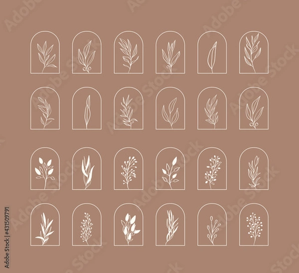 Fototapeta Leaves - nature logo and branch. Hand drawn wedding herb, plant and monogram for invitation, save the date, card design. Botanical rustic trendy greenery vector illustration